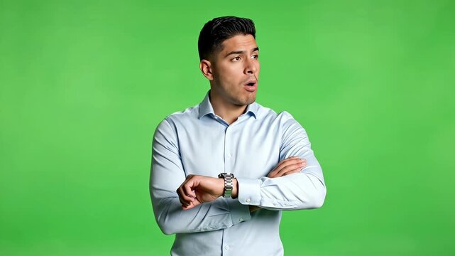 Worried Hispanic man in a light blue shirt looking at his wristwatch with an impatient and stressed expression, standing against a green screen background.