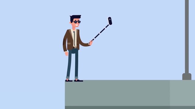 Stylish Man Holding Selfie Stick Taking a Photo on a High Rooftop City Background 2D Animation