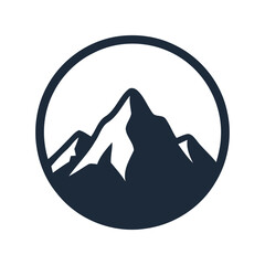 Black and white mountain peak icon inside a circle for nature adventure and travel brand logo design © azad