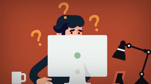 Confused Young Man Working at Computer Desk with Question Marks Problem Solving or Error Concept 2D Animation