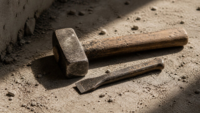 worn hammer and chisel on dusty concrete floor