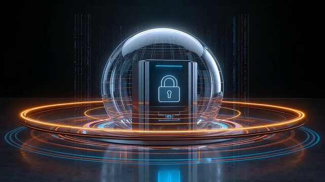 Digital security lock inside glowing protective sphere with orange cyber rings for data privacy, encryption, cloud safety, and network defense