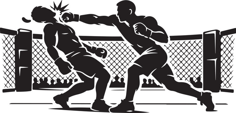 silhouette of UFC fighter knockout punch in octagon