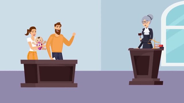 Family with Lawyer Standing Before Judge in Courtroom Legal Justice and Law Concept 2D Animation