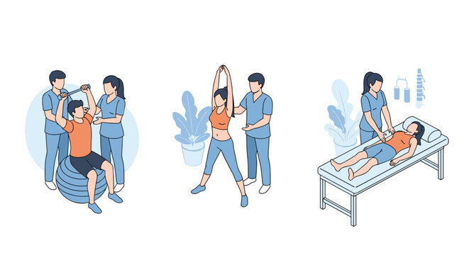 Physical therapy sessions showing patients performing stretching exercises and receiving manual treatment from specialists.