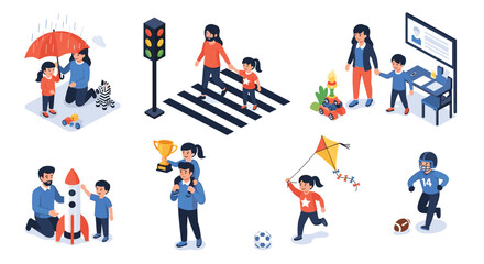 Fototapeta premium Father and child engage in various bonding activities like sports, learning, and playing together in a nurturing environment.