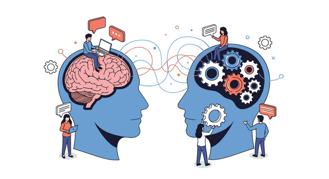 Brainstorming and knowledge exchange between two minds represented by large heads filled with a brain and clockwork gears.