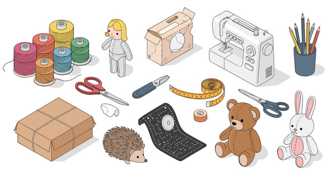 Collection of isometric sewing and craft tools featuring a sewing machine, colorful threads, scissors, and cute plush toys on white.