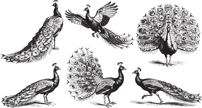 Hand drawn Peacock illustration line set poses, detailed sketch vintage ink style
