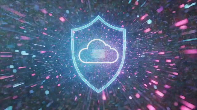 Glowing cloud security shield with colorful data particles for protected storage, encryption, cybersecurity, network safety, and digital privacy