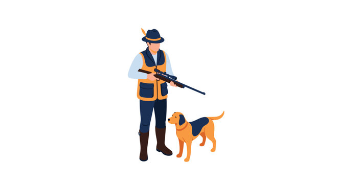 Isometric illustration of a hunter wearing outdoor clothing and a hat, holding a scoped rifle and standing with his loyal hunting dog.