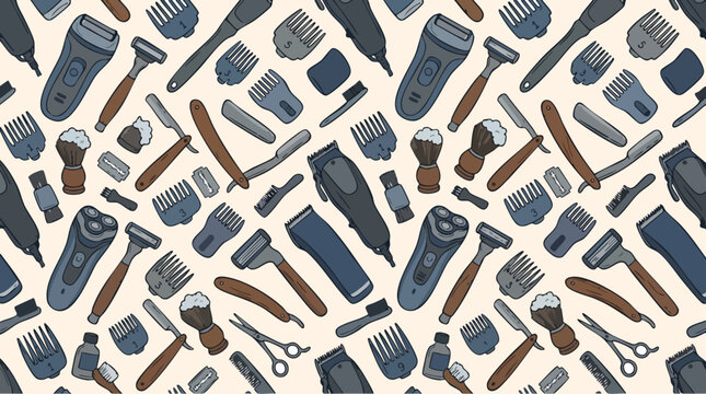 Barber shop seamless pattern vector, vintage grooming tools and shaving equipment background, male beauty salon wallpaper with clippers and razors