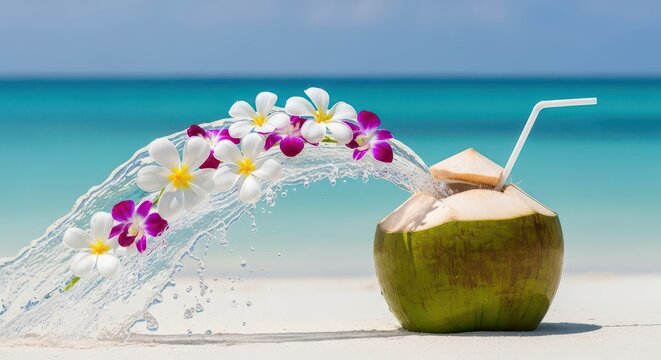 Coconut on beach with flower stream.