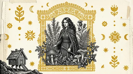 Fototapete Mädchenzimmer Illustration of a forest witch standing in a magical frame with mushrooms and plants. Fantasy character inspired by folklore, mystical fairy tale vibes for storybook and card art.  © Olesya
