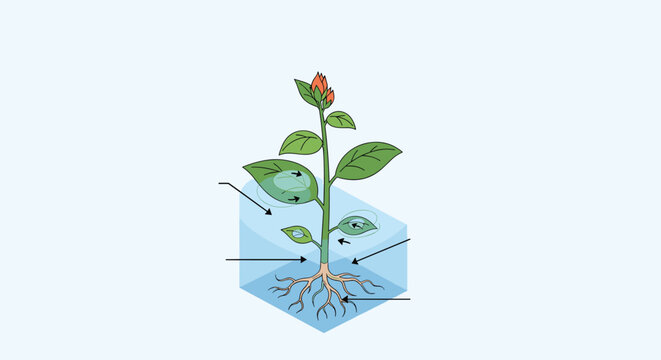 Scientific diagram illustrating a green plant with its roots in water and arrows showing the movement of nutrients through its system.