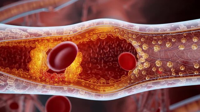 Cholesterol plaque narrowing artery with red blood cells and fatty deposits for cardiovascular disease, circulation blockage, and medical study