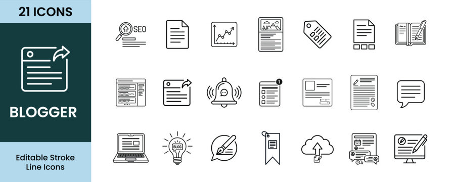  &ldquo; Blogger glyph Icon set &rdquo; black and white minimal Magnifying Glass, Backlink, Keyword, Analytics, Blog Post, linear icon set, silhouette vector illustration on white background.