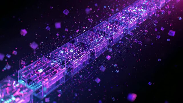 Purple digital blockchain structure with glowing data cubes and particles for cryptocurrency, secure network, cloud computing, and fintech technology