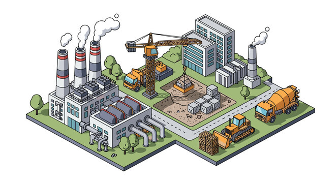 Isometric view of an industrial factory complex under construction with cranes, trucks, and smoke stacks in a well landscaped environment.