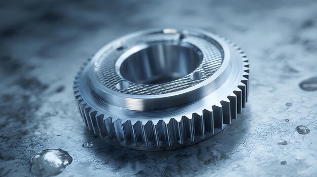 Close-up of a single metal gear with intricate teeth on a textured metallic surface with water droplets.