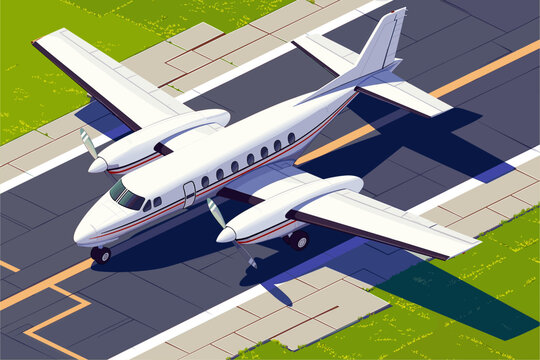 Isometric cartoon small propeller white airplane preparing for takeoff on the runway, airport panorama, civil aviation, flights, vector illustration