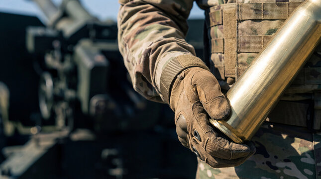Soldier holding artillery shell in hand. Military personnel preparing ammunition for howitzer during combat training. Armament and defense concept in professional army operations.