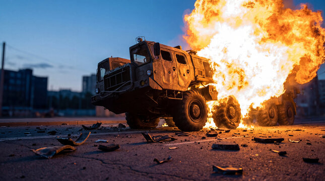 Military truck burning on city street after explosion. Damaged armored vehicle engulfed in flames during combat operation. Security crisis and modern warfare concept in urban environment.