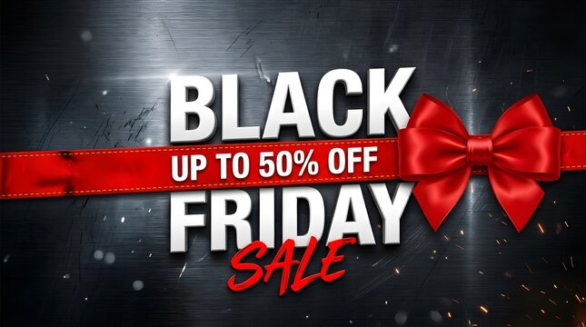 Black friday sale advertisement with red ribbon and bold typography