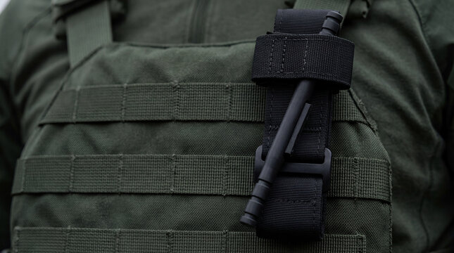 Soldier wearing tactical plate carrier with black tourniquet. Military medical equipment attached to body armor. Combat first aid gear for field trauma care during army operation.