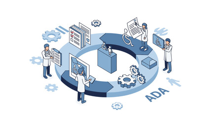 Obraz premium Medical team collaborates on a circular workflow regarding ADA compliance and accessibility standards in healthcare facilities.