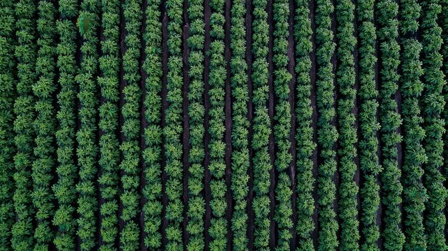 Aerial perspective showcases perfectly aligned rows of lush green crops growing in a fertile field.