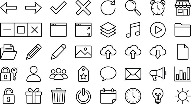 Large set of outline web and mobile user interface icons featuring navigation communication business security and multimedia symbols for application design