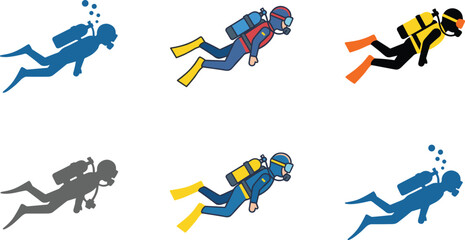Set of scuba diver icons and silhouettes featuring professional underwater swimming equipment including oxygen tanks masks and flippers © Mahsina