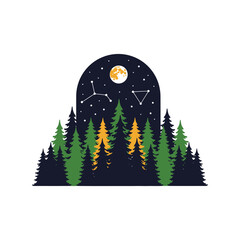 Colorful pine tree forest silhouette with moon and stars in a night sky arch shape illustration © azad