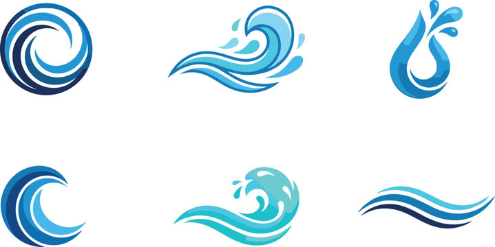 Set of stylized blue ocean wave and water drop logos featuring circular swirls splashes and curved flowing liquid shapes