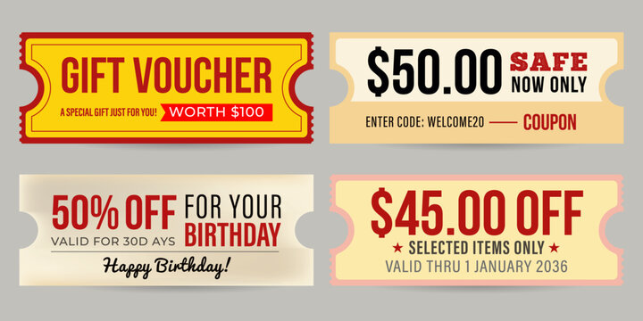 Coupon and Voucher, collections of diverse gift cards