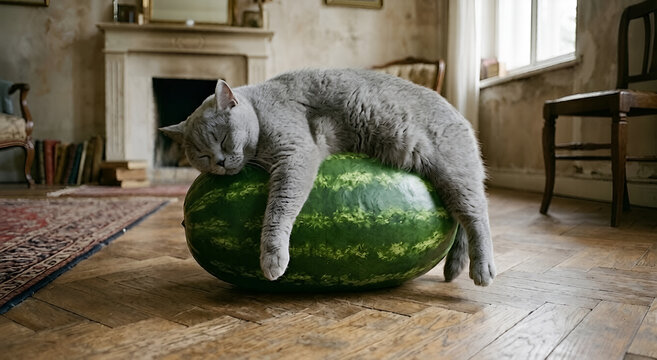 Mischievous grey cat sleeping comfortably on top of a whole watermelon in a vintage-style room