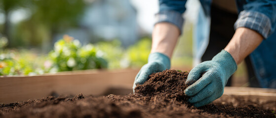 Naklejka premium Person preparing soil in garden bed