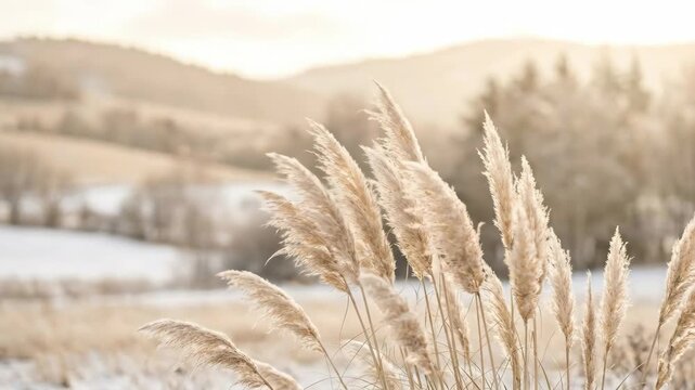 Beautiful pampas grass winter scene with soft light, calm nature background in beige and cream tones, delicate plant texture and gentle bokeh, no logos