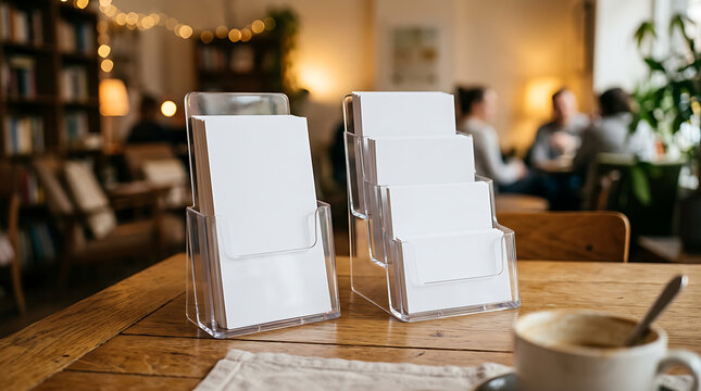 Clear brochure holders featuring blank white cards presented on a wooden table in a cozy cafe setting