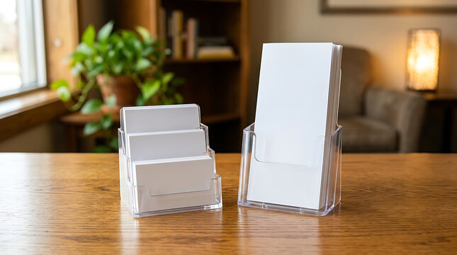 Business brochure holders and business card holders on a wooden table