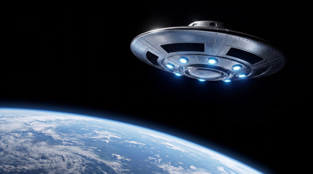 Alien spaceship hovering above Earth. Metallic ufo with glowing lights orbiting planet in outer space. Scifi exploration, extraterrestrial contact and mysterious unidentified object concept.