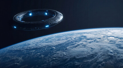 Fototapeta premium Alien spaceship orbiting planet Earth. Giant circular spacecraft above atmosphere. Extraterrestrial life arrival, science fiction exploration, cosmic mystery, interstellar travel.