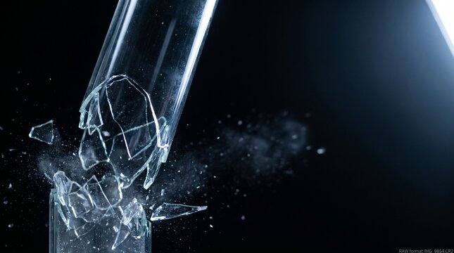 Heavy duty industrial glass cylinder shattering and imploding under vacuum pressure on a black background, concept of structural failure and physical impact