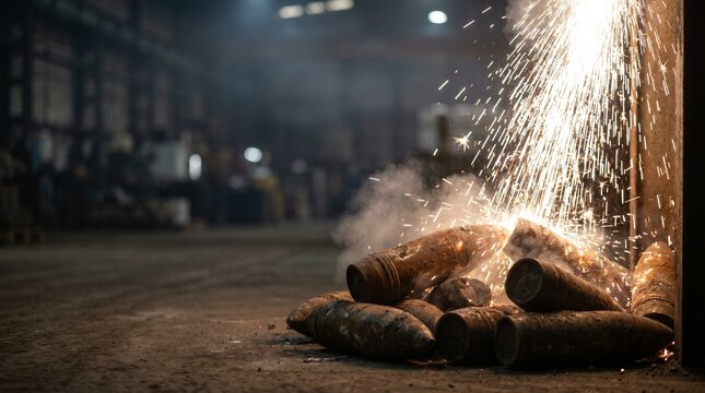 Massive shower of industrial sparks falling on a pile of rusted artillery shells inside a dark warehouse, concept of munitions manufacturing and scrap metal