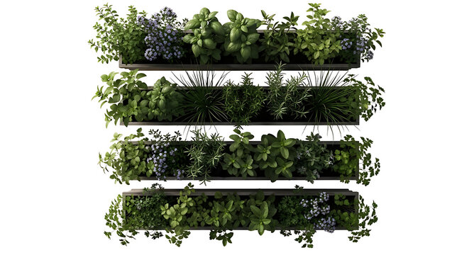 A vertical garden system with four tiers of lush green plants, including herbs and leafy greens, arranged in rectangular planters against a white background.