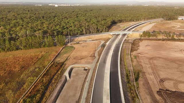 Aerial drone view of the M1 Pacific Motorway Extension project at Heatherbrae, Newcastle, NSW Australia heading south toward Masonite Road in May 2026