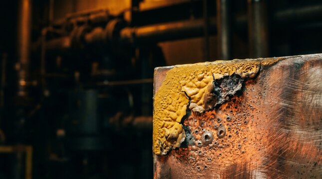 Yellow industrial paint peeling and blistering on an overheating steel bulkhead in a dark factory setting, concept of thermal damage and material failure
