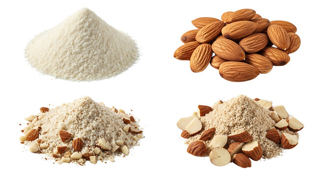 A collection of almond flour and whole almonds, showcasing different textures and forms of the nut. isolated on transparent bakcground, PNG