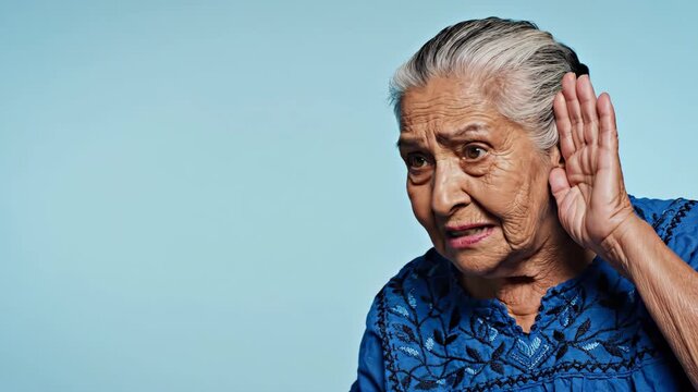 elderly hispanic woman with grey hair holding hand near ear trying to hear. hearing loss, deafness, communication problem concept. senior healthcare, copyspace.